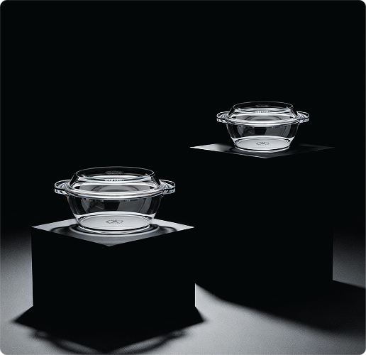 Glass bowls on dark display